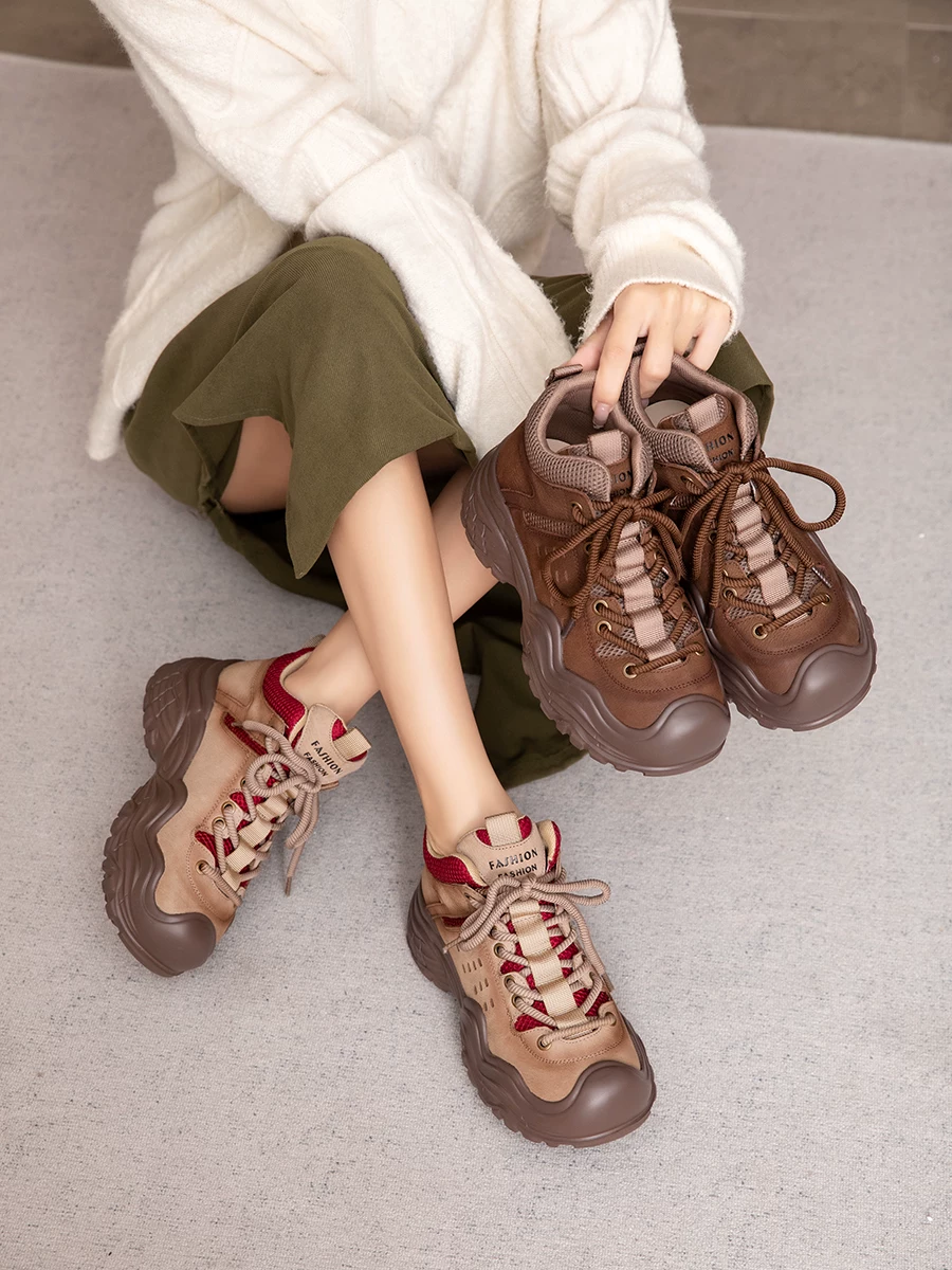Giày leo núi da thật dành cho nữ, giày thể thao đế dày tăng chiều cao, giày sneaker cao cổ đi bộ ngoài trời mới mùa thu 2025