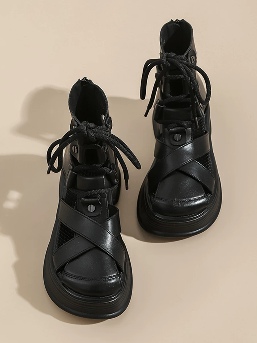 Giày sandal nữ da thật khoét lỗ, đế dày, mũi kín, sandal cao cổ, kiểu mới mùa hè 2026, giày La Mã buộc dây chéo.