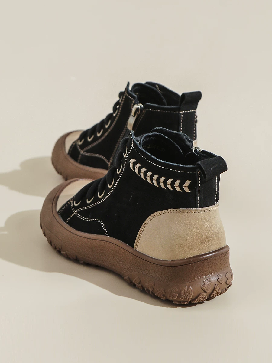 Giày thể thao nữ cổ cao đế dày kiểu mới thu đông 2025, boots da nâu retro, boots cổ ngắn phong cách casual