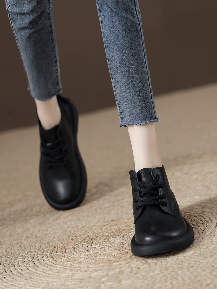 Giày bốt Martin da bò retro nữ, bốt ngắn lót lông cừu mùa đông, mẫu giày bốt nữ mới 2025, bốt ngắn đế mềm da thật phong cách thường ngày.