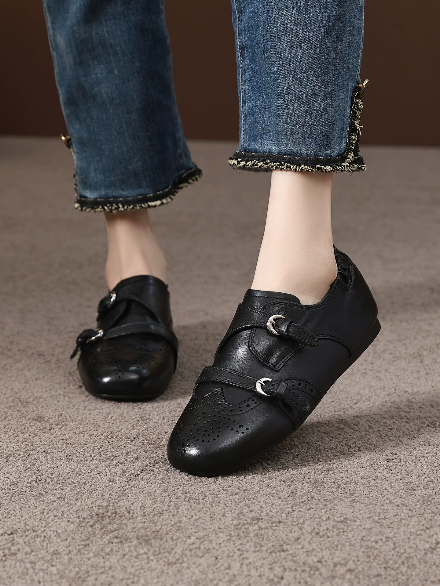 Giày da brogue khắc họa tiết cổ điển bằng da ngựa dành cho nữ, kiểu mới mùa xuân 2026, giày monk phong cách Anh, giày lười Oxford