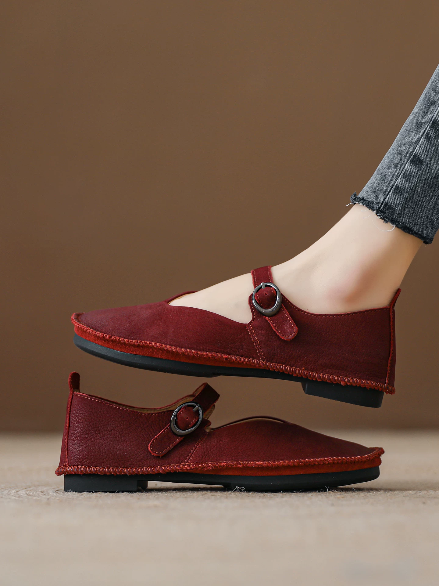 Giày Mary Jane quai ngang dành cho nữ, làm từ da bò lớp trên cùng, giày nữ thủ công vintage, kiểu mới mùa hè 2026, giày đế mềm đế bằng.