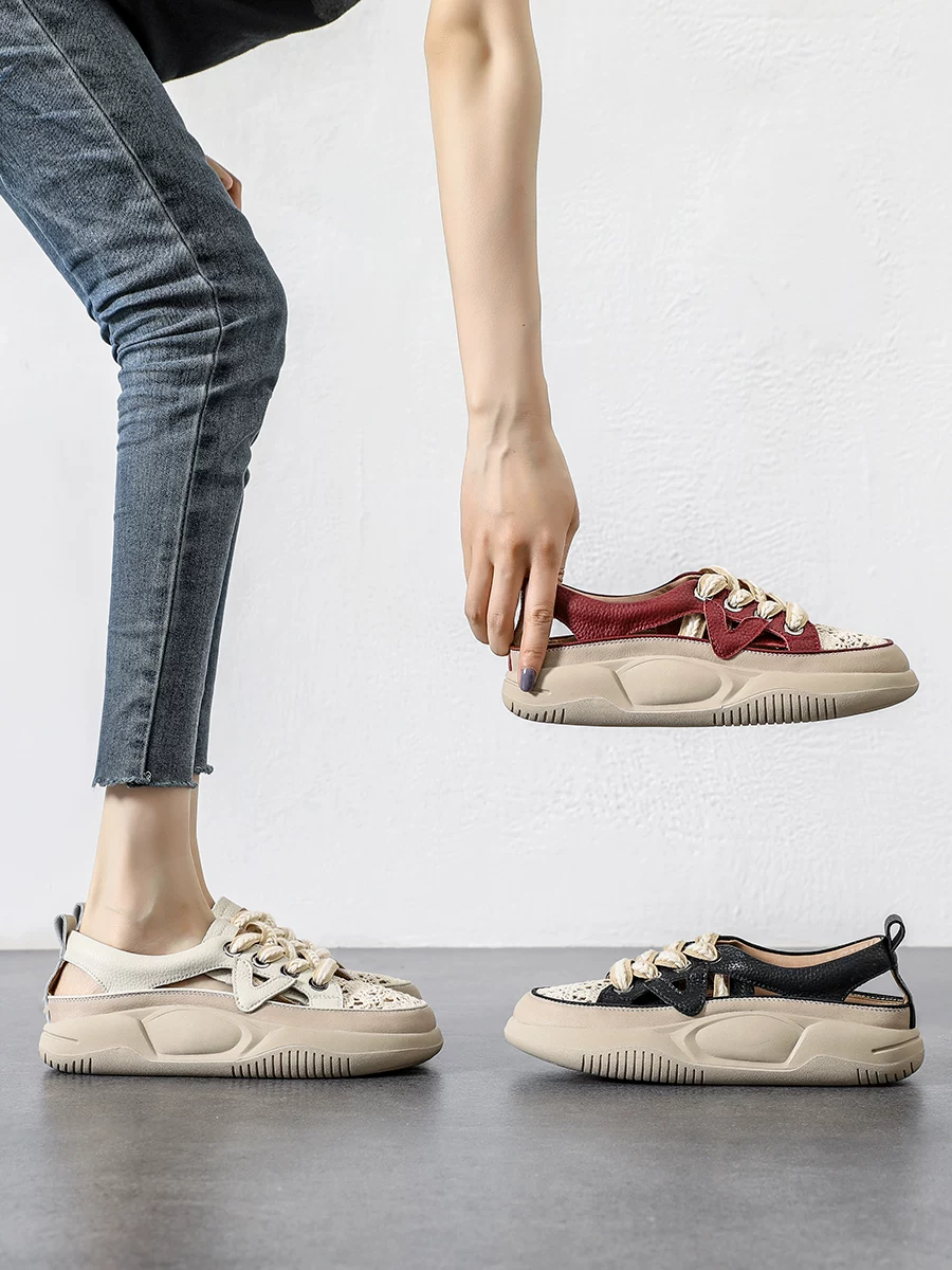 Giày sandal nữ đế dày, kiểu dáng thoáng khí màu trắng, giày thể thao da thật đục lỗ phong cách mới hè 2026.