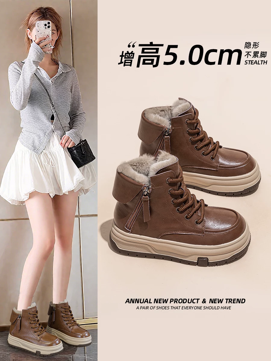 Giày bốt tuyết đế dày bằng da thật dành cho nữ, lót lông cừu và giày cotton cổ cao dày dặn, kiểu mới mùa đông 2025, bốt ngắn lông thú phong cách thể thao năng động.