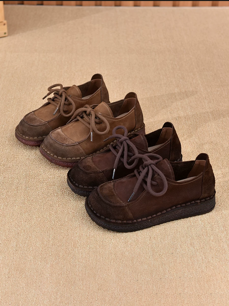 Giày da bò nữ phong cách retro, đế mềm, mặt giày mềm mại, giày cho mẹ, kiểu mới thu 2025, giày bệt da thật thủ công.