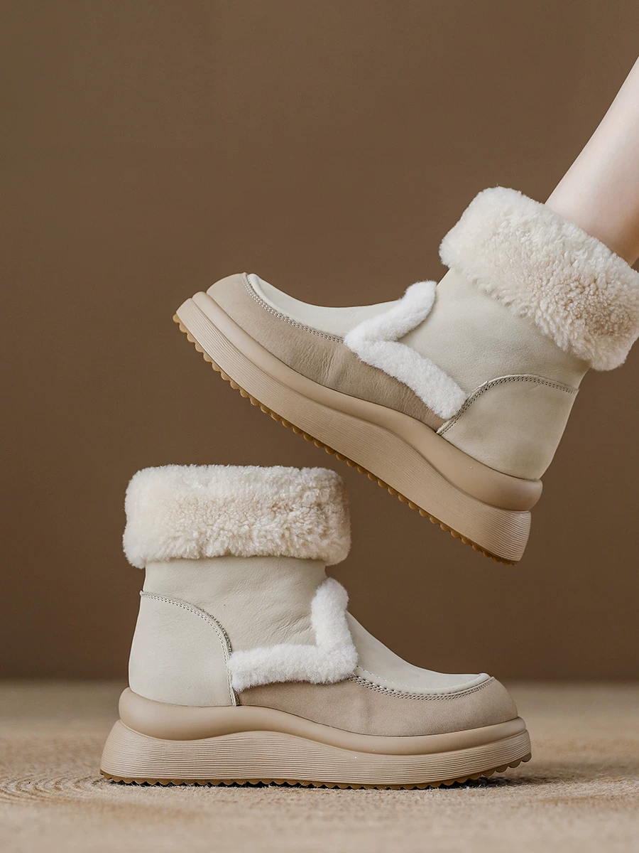 Giày bốt nữ bằng len, đế dày, chống trơn trượt, tích hợp da và lông thú, bốt cotton, kiểu mới mùa đông 2025, lót lông cừu, dày dặn, bốt lông ngắn.