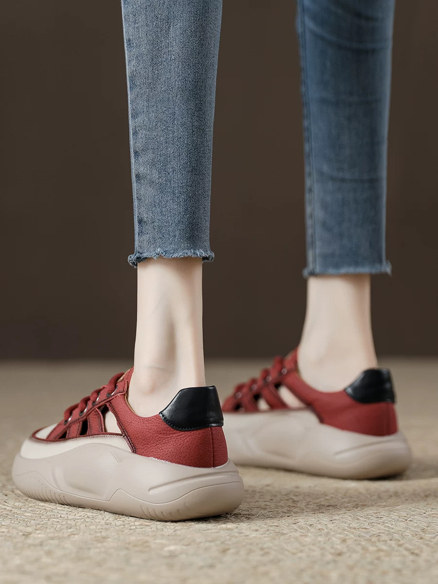 Giày sandal hở mũi khoét lỗ dành cho nữ, giày trắng retro da thật đế dày thoáng khí, giày thể thao đế mềm mùa hè 2026 dành cho nữ.
