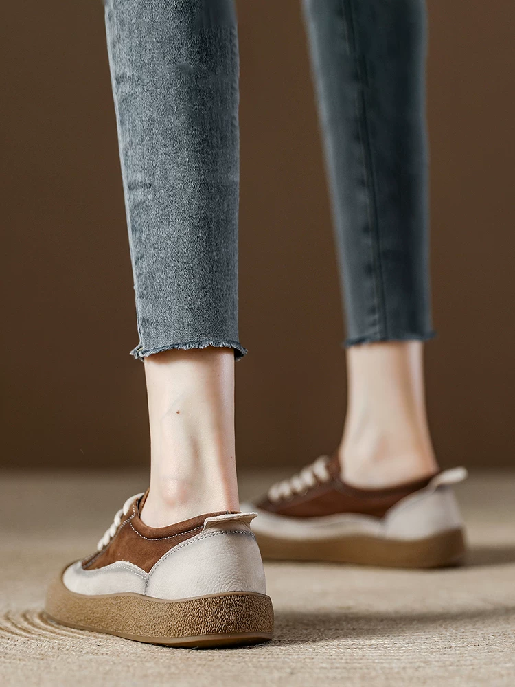 Giày thể thao nữ da thật màu đỏ, kiểu retro, đế mềm, dễ chịu, dây buộc, mẫu mới xuân 2026, đa năng, phong cách thể thao thường ngày