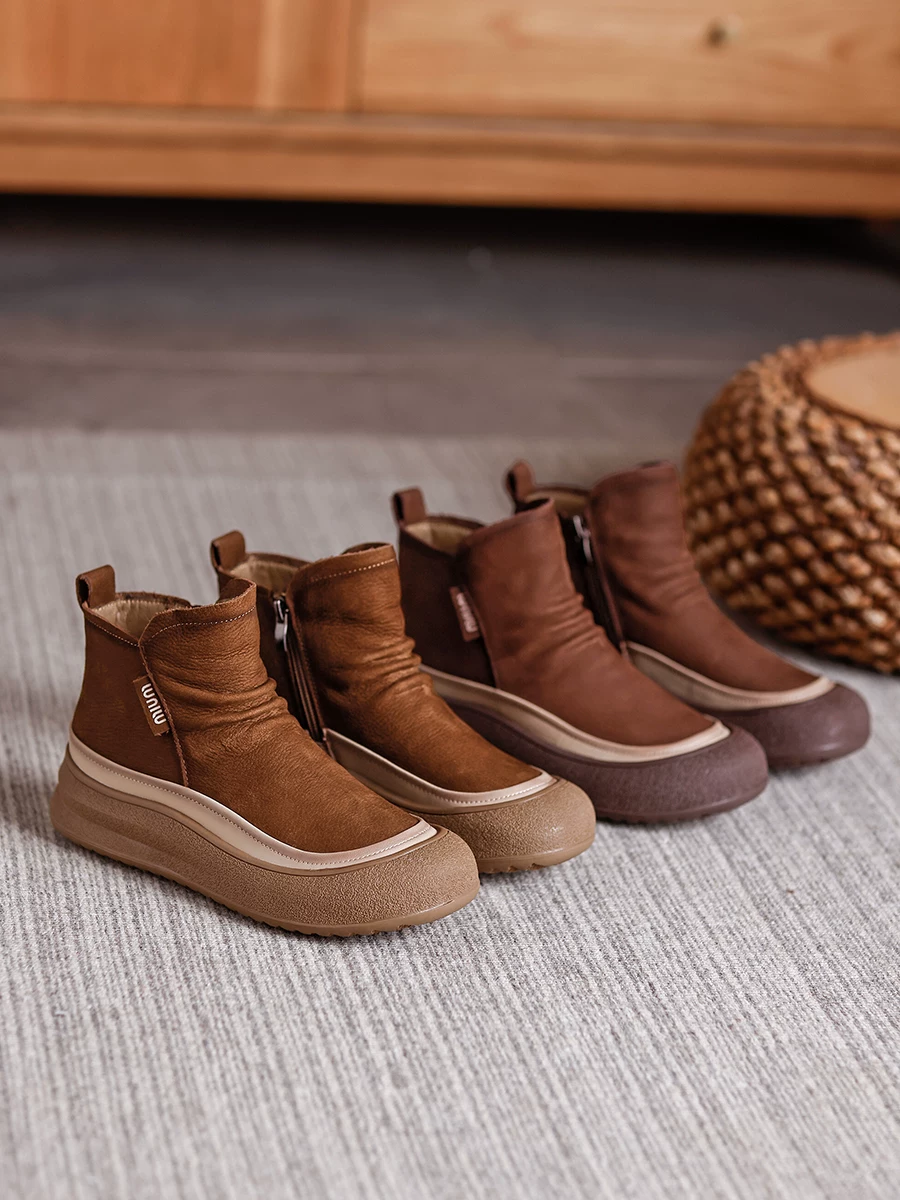 Giày bốt ngắn Birkenstock da bò nâu cổ điển dành cho nữ, kiểu mới thu đông 2025, da thật, đế mềm, lót lông cừu, kiểu dáng Martin xếp ly, thoải mái.
