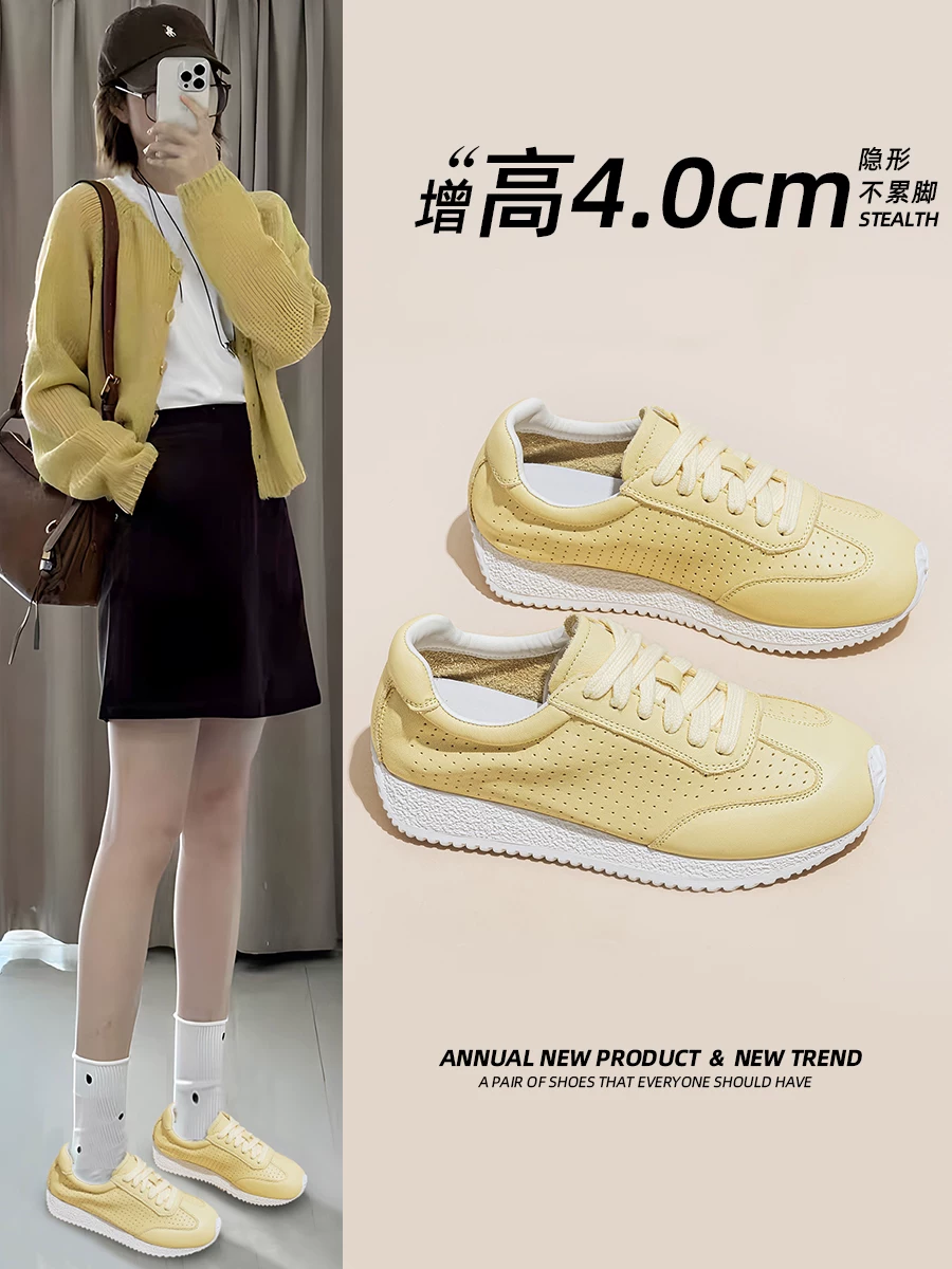 Giày tập luyện Đức đế dày bằng da bò dành cho nữ, giày trắng Forrest Gump đế mềm, giày thể thao thông thường thoáng khí đục lỗ mới mùa hè 2026.