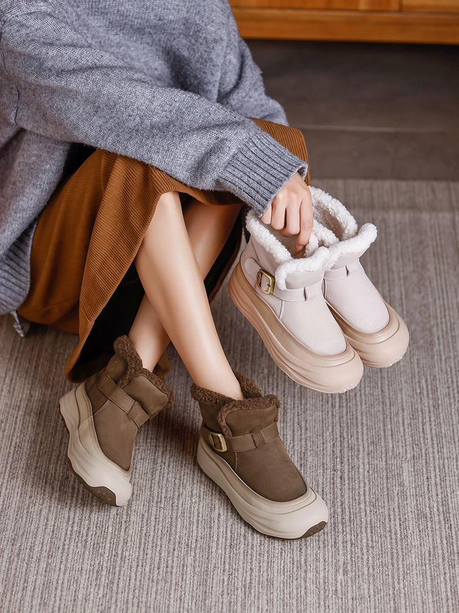 Giày bốt tuyết Birkenstock da bò retro dành cho nữ, đế dày, lót lông cừu, chất liệu cotton dày, kiểu mới mùa đông 2025, bốt ngắn ấm áp lông xù.