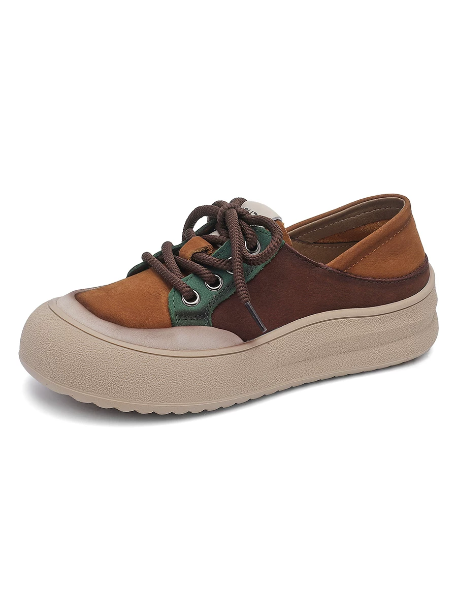 Giày thể thao nữ da bò phối màu retro, giày casual đa năng, kiểu mới thu 2025, giày nữ da thật, đế mềm, giày bệt hai kiểu mang.