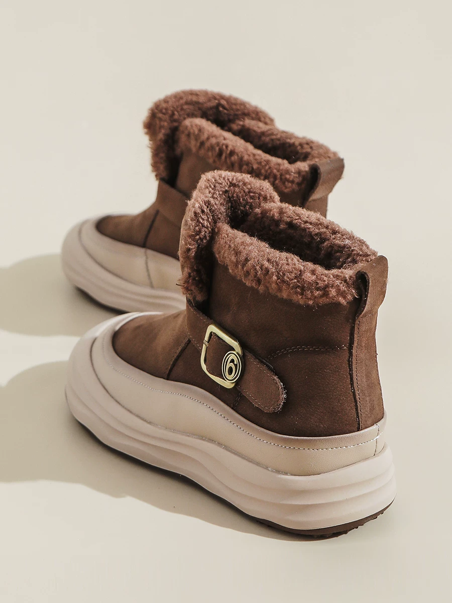 Giày bốt da trắng nữ, đế dày, lót lông cừu kiểu Birkenstock, mẫu mới mùa đông 2025, bốt bông ấm lót lông cừu.