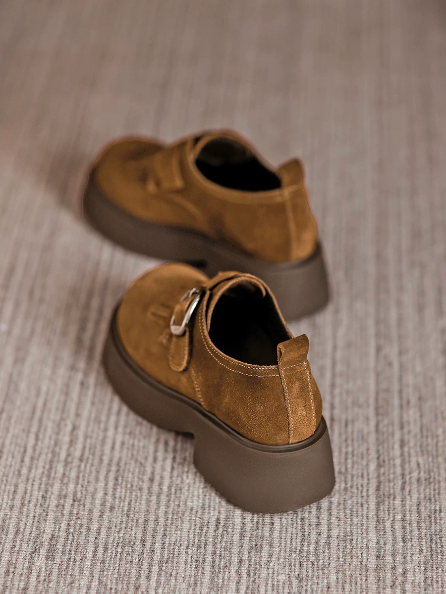 Giày da nữ kiểu Anh, gót dày đế cao, giày lười, giày đơn phong cách retro mới mùa thu 2025, giày Birkenstock da lộn.