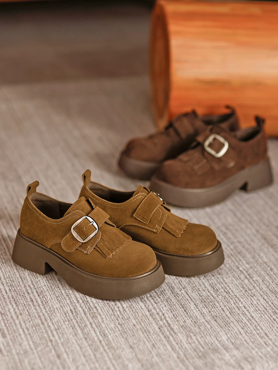 Giày da nữ kiểu Anh, gót dày đế cao, giày lười, giày đơn phong cách retro mới mùa thu 2025, giày Birkenstock da lộn.