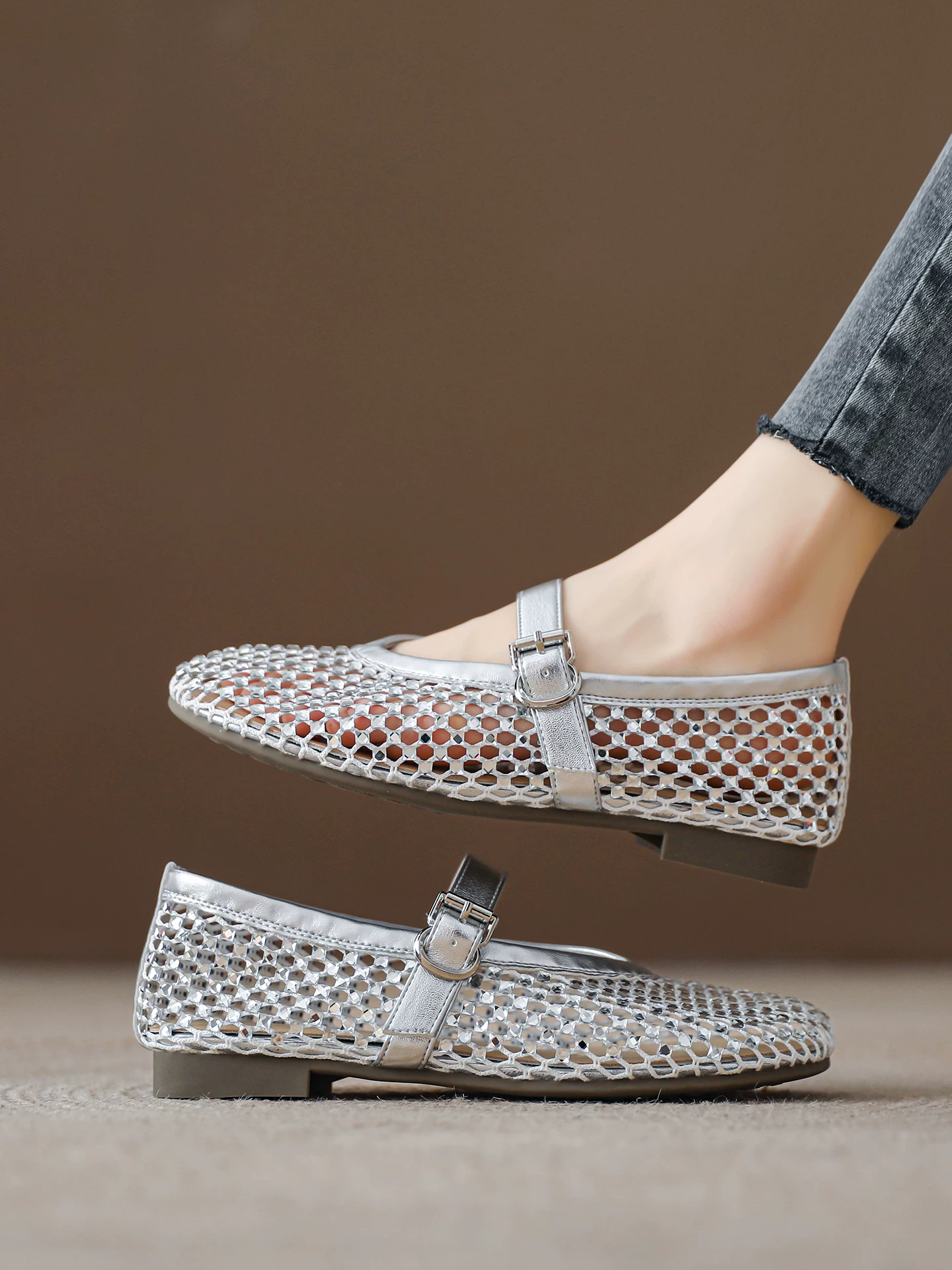 Giày lưới dệt rỗng kiểu tiên nữ dành cho nữ, dép sandal đính đá kiểu tiên nữ, giày Mary Jane mỏng thoáng khí mùa hè 2026