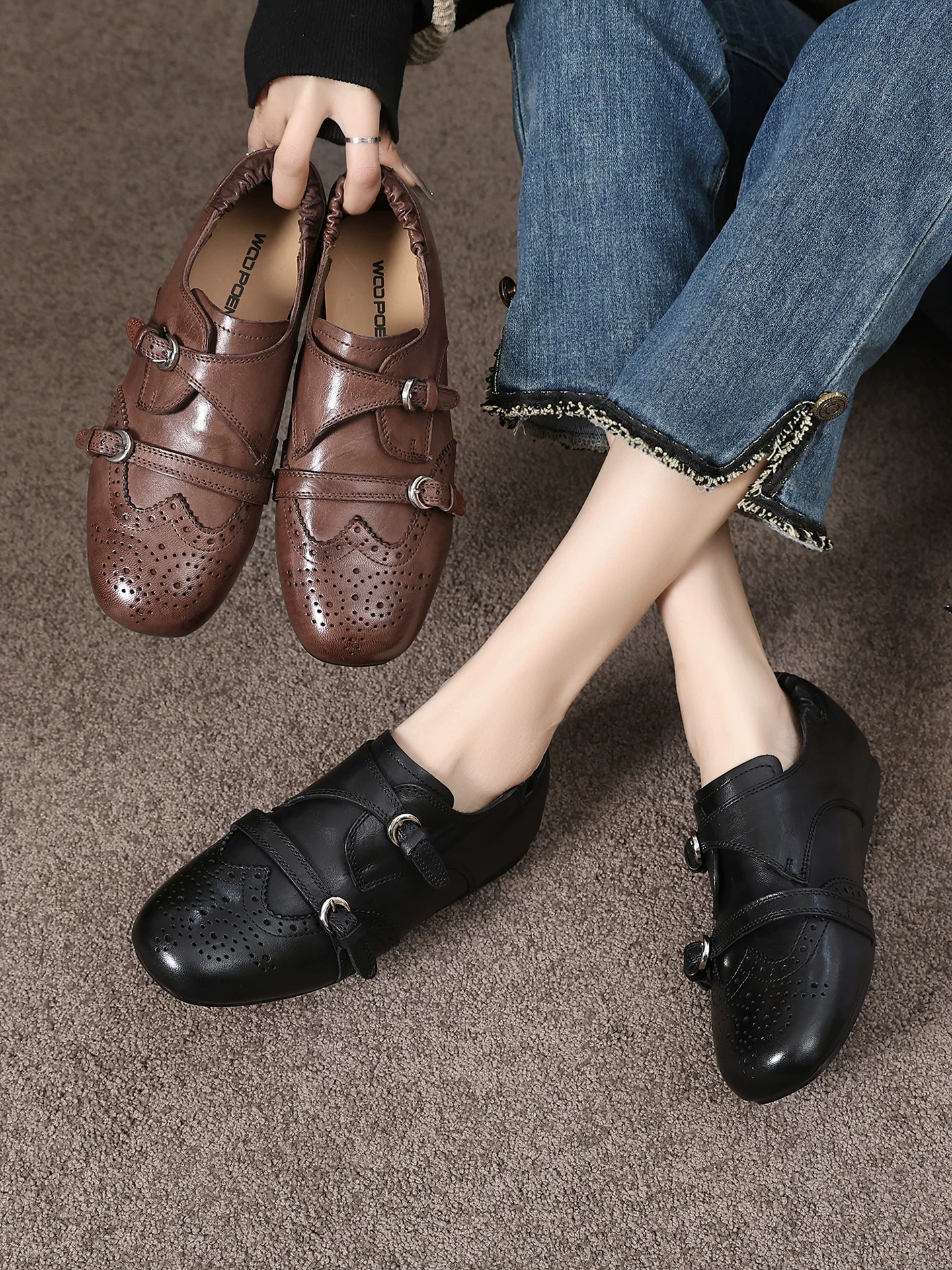 Giày da brogue khắc họa tiết cổ điển bằng da ngựa dành cho nữ, kiểu mới mùa xuân 2026, giày monk phong cách Anh, giày lười Oxford