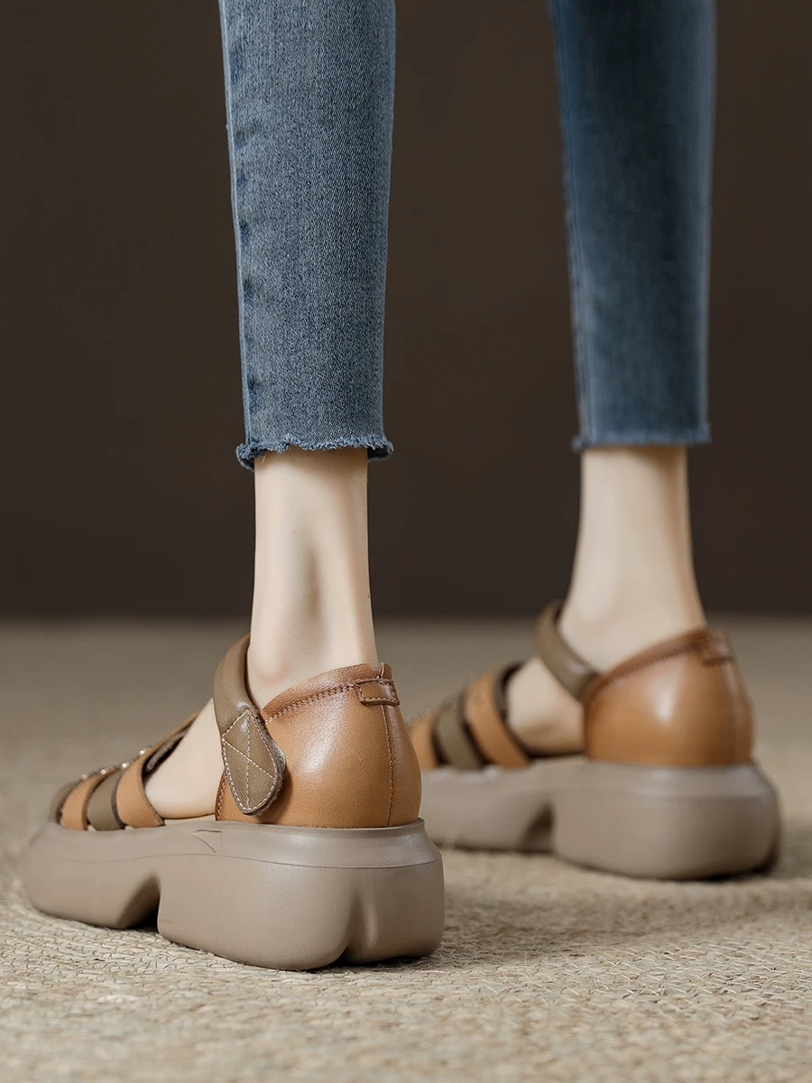 Giày sandal La Mã cổ điển bằng da bò dành cho nữ, giày đế dày tăng chiều cao, kiểu dáng mới mùa hè 2026, giày nữ da thật thoáng khí để đi ngoài trời.