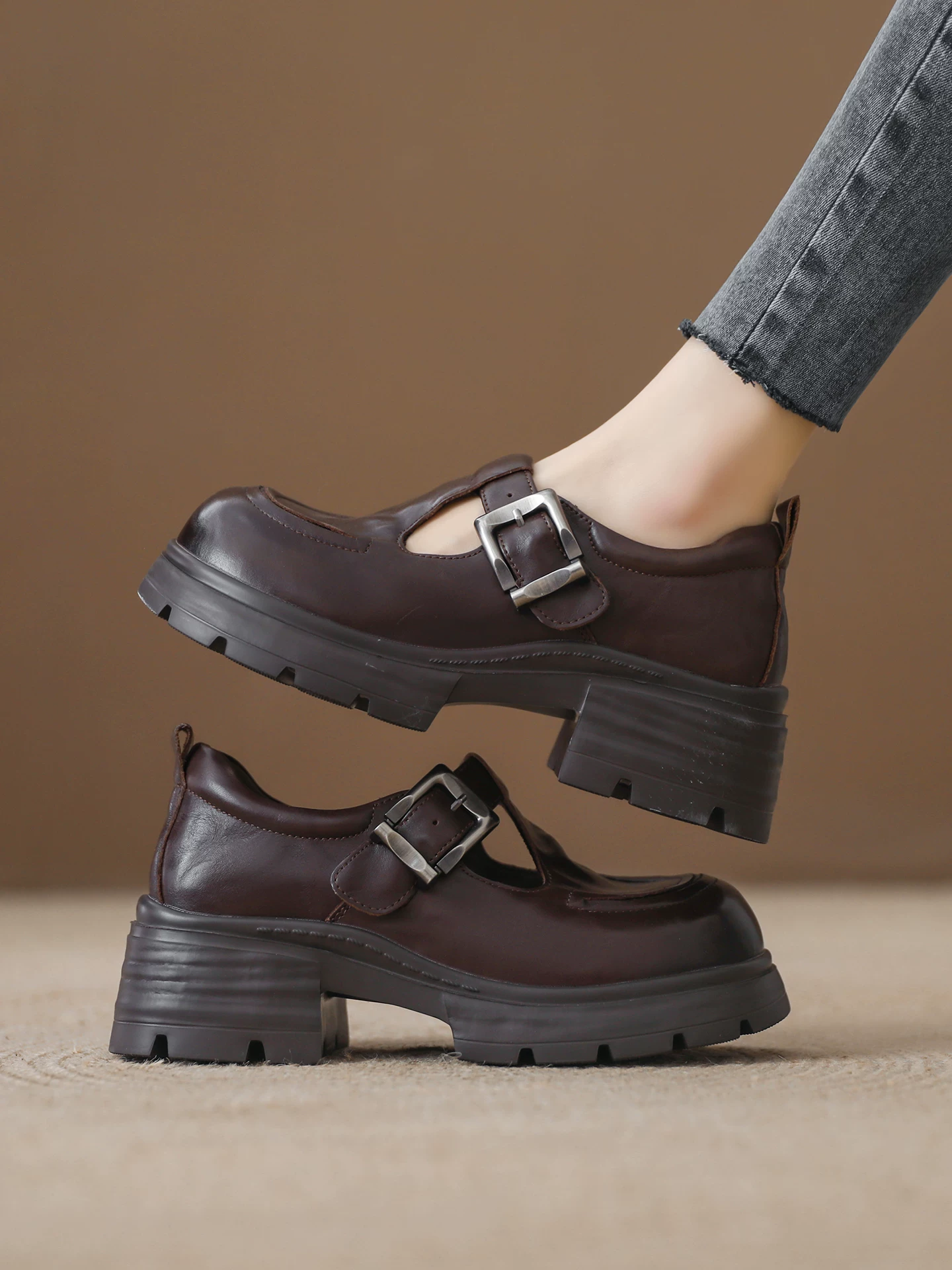 Giày lười đế dày gót dày cho nữ, giày Mary Jane cao gót retro da bò, giày da Anh kiểu mới mùa xuân 2026
