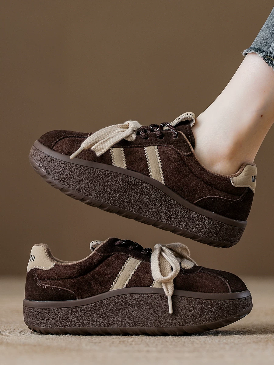 Giày thể thao nữ da lộn kiểu Đức cổ điển, giày sneaker đế dày lót lông, mẫu mới mùa đông 2025, giày lười thể thao đế cong.