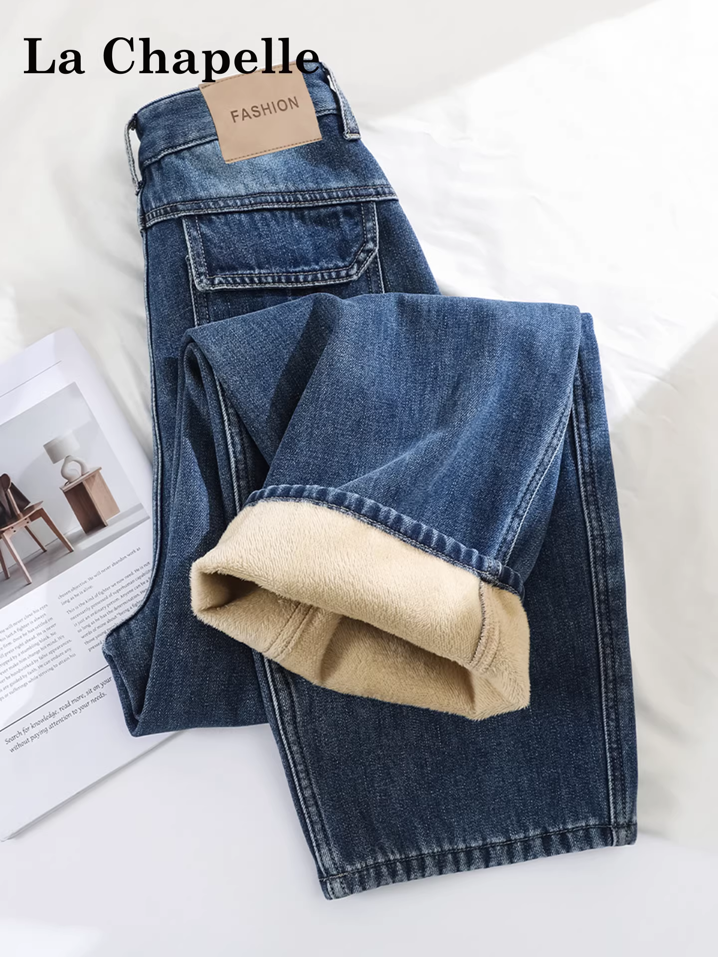 Quần jeans ống rộng lót lông dày La Chapelle dành cho nữ, mẫu mới thu đông 2025, cạp cao, dáng rộng, thẳng