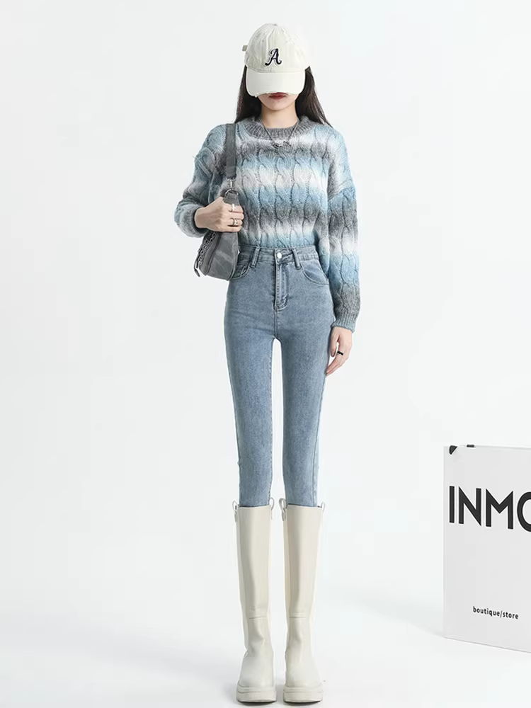 Quần jean nữ La Chapelle màu sáng, lót lông cừu, dày, dáng ôm, kiểu dáng bút chì, mới thu đông 2025