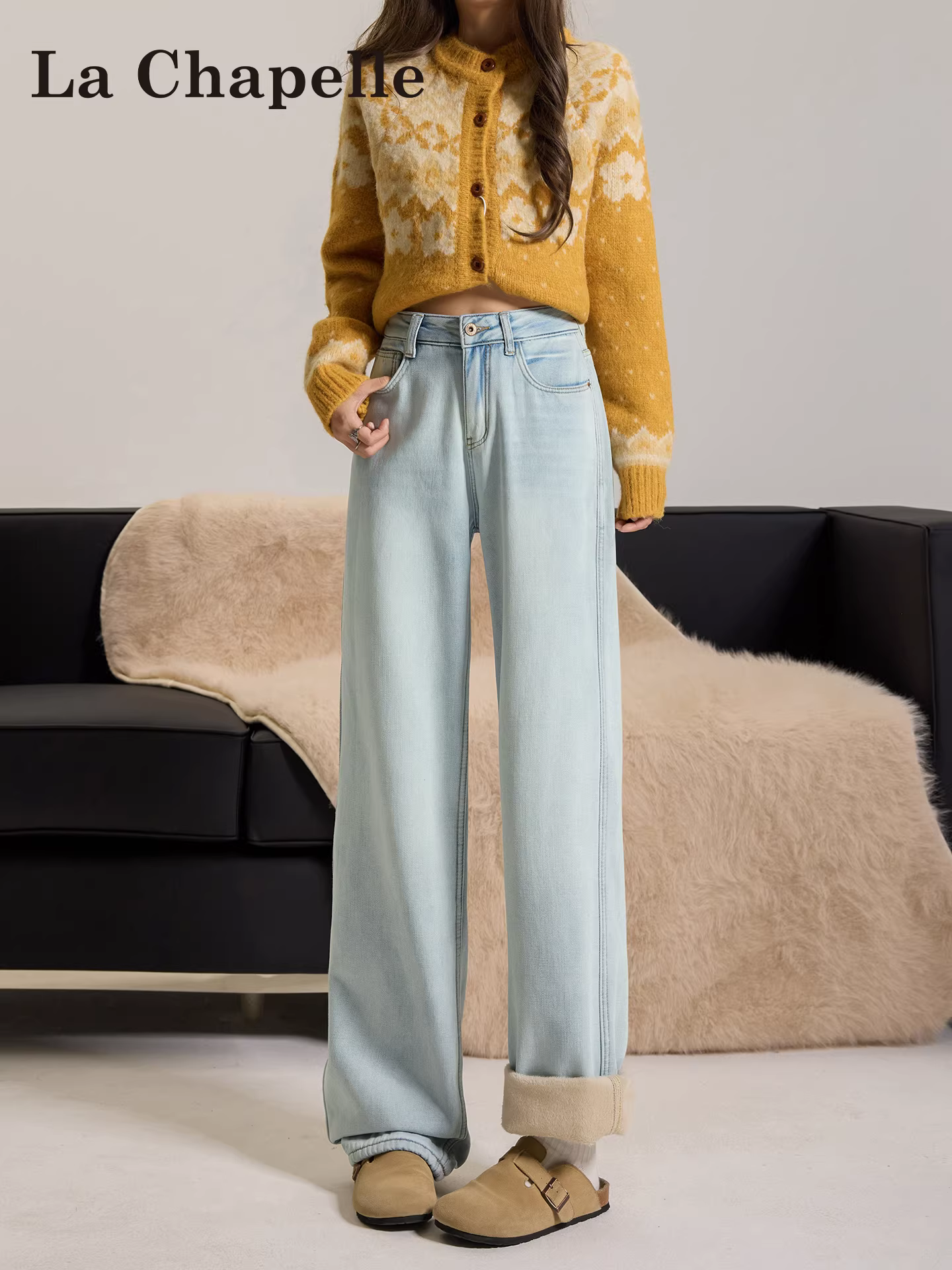 Quần jean ống rộng dày dặn lót lông màu sáng La Chapelle dành cho nữ, kiểu dáng mới thu đông 2025, cạp cao, phong cách Mỹ.