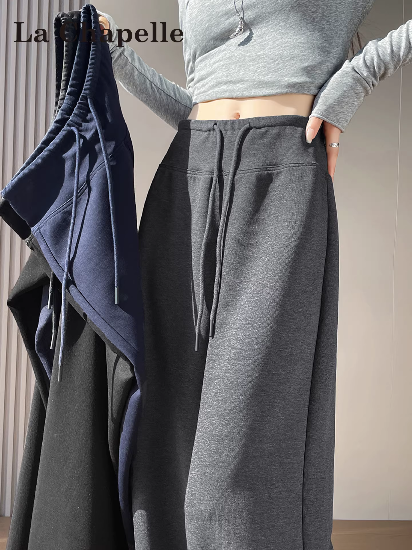 Quần thể thao ống rộng màu xám La Chapelle dành cho nữ, mùa thu đông 2025, quần ống đứng rộng lưng cao mới