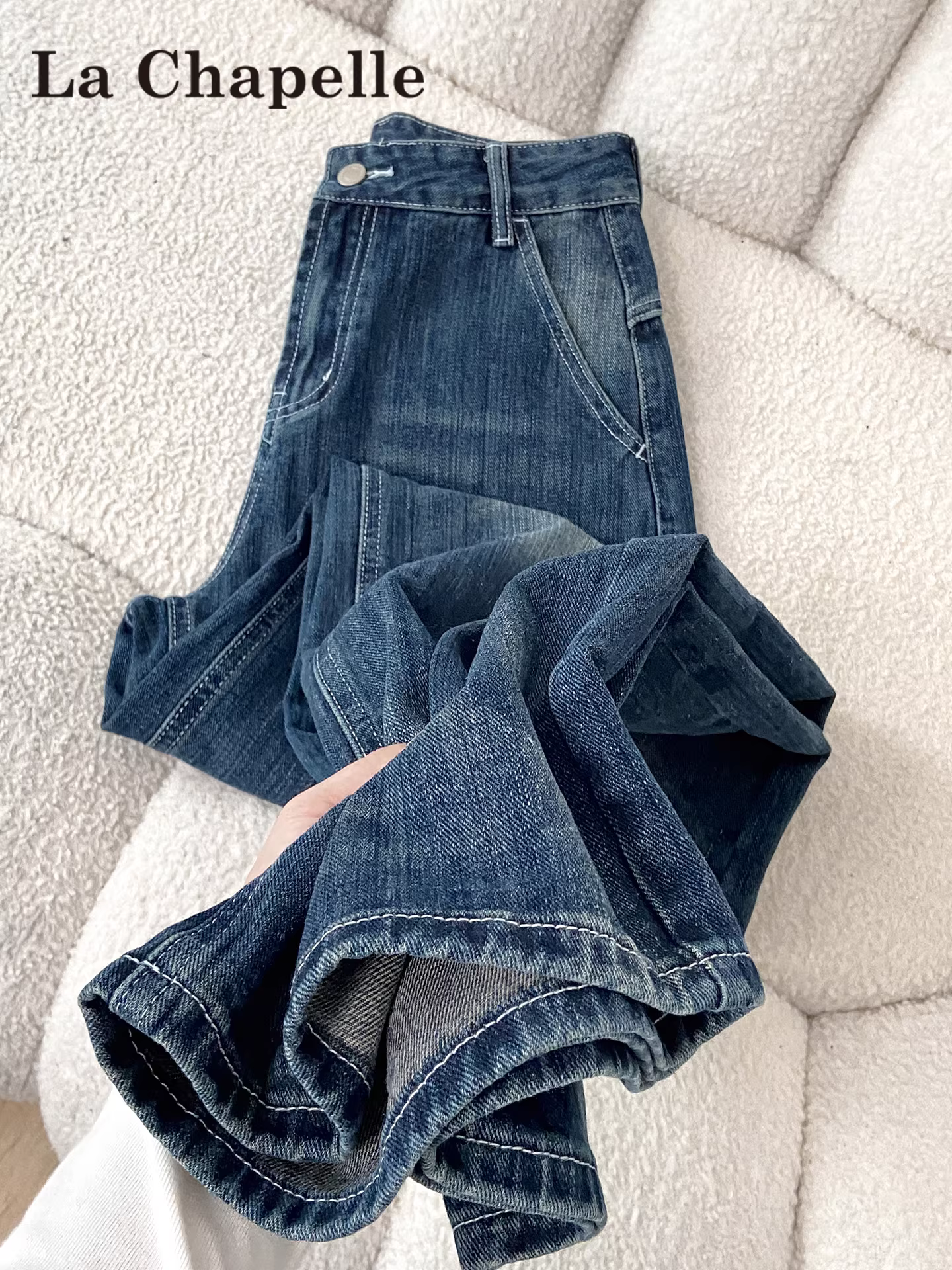 Quần jeans ống rộng La Chapelle kiểu retro dành cho nữ, mẫu mới thu đông 2025, dáng dài, rộng rãi, chất liệu mềm mại, kiểu dáng thẳng.