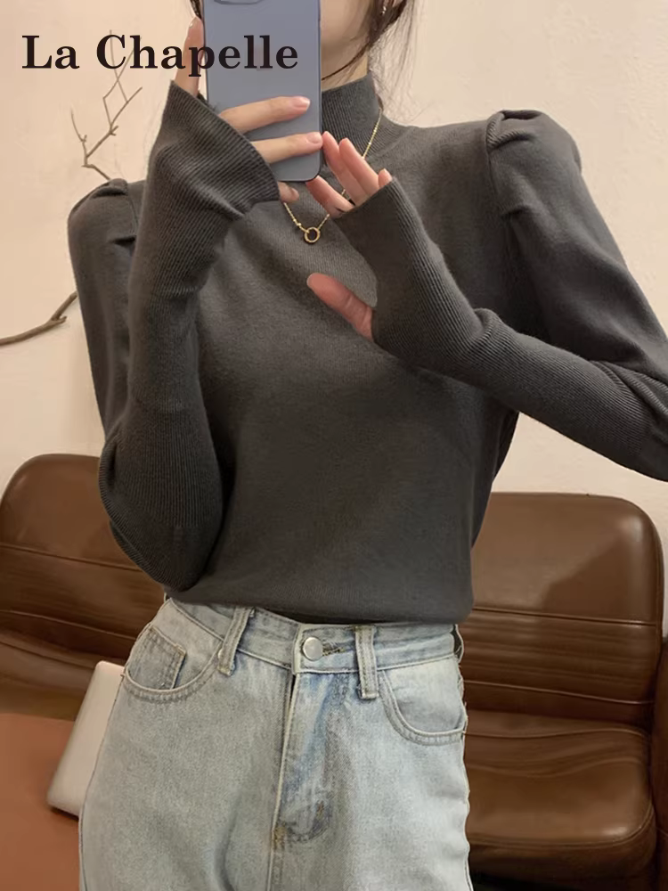 Áo len dệt kim dài tay cổ cao nửa cổ màu xám La Chapelle dành cho nữ 2025 áo bên trong vừa vặn vừa vặn mới mùa thu đông