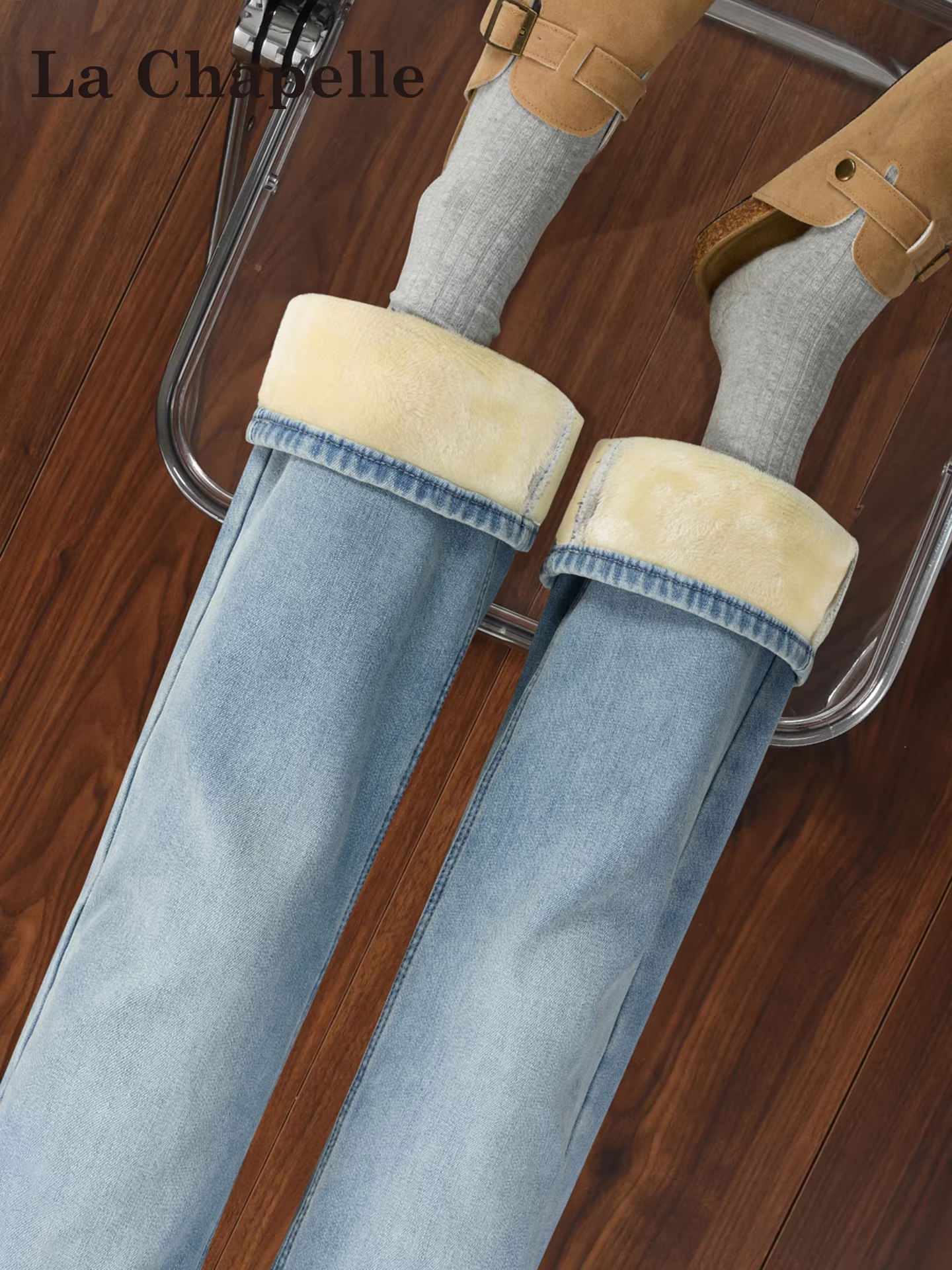 Quần jeans ống rộng dày dặn lót lông màu sáng La Chapelle dành cho nữ, mẫu mới thu đông 2025, kiểu dáng ôm dáng, ống thẳng, size nhỏ nhắn