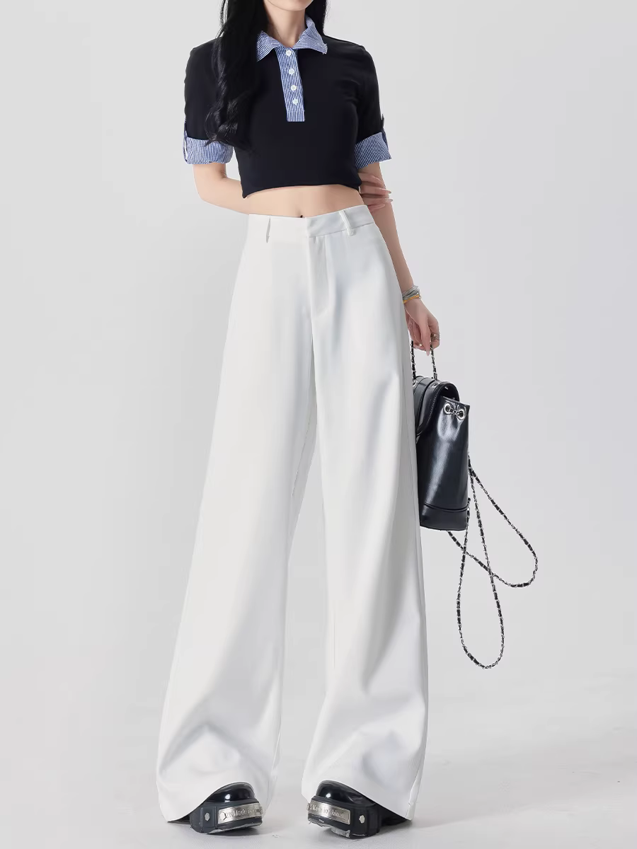 Quần âu trắng rộng rãi La Chapelle dành cho nữ, kiểu dáng mới mùa thu 2025, cạp cao, chất liệu mềm mại, dài chấm đất, dáng thẳng