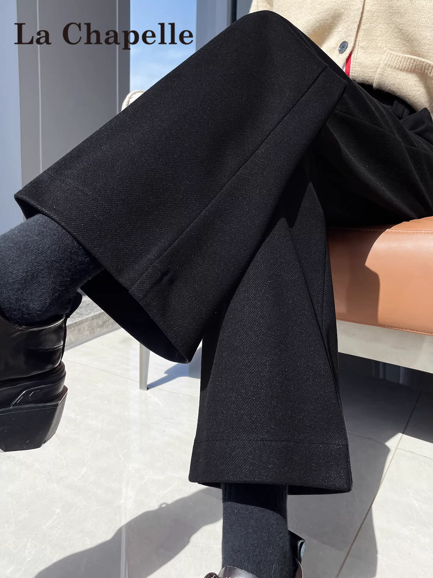 Quần ống rộng lót lông cừu đen La Chapelle dành cho nữ, mẫu mới thu đông 2025, cạp cao, kiểu dáng suông, chất liệu thoải mái