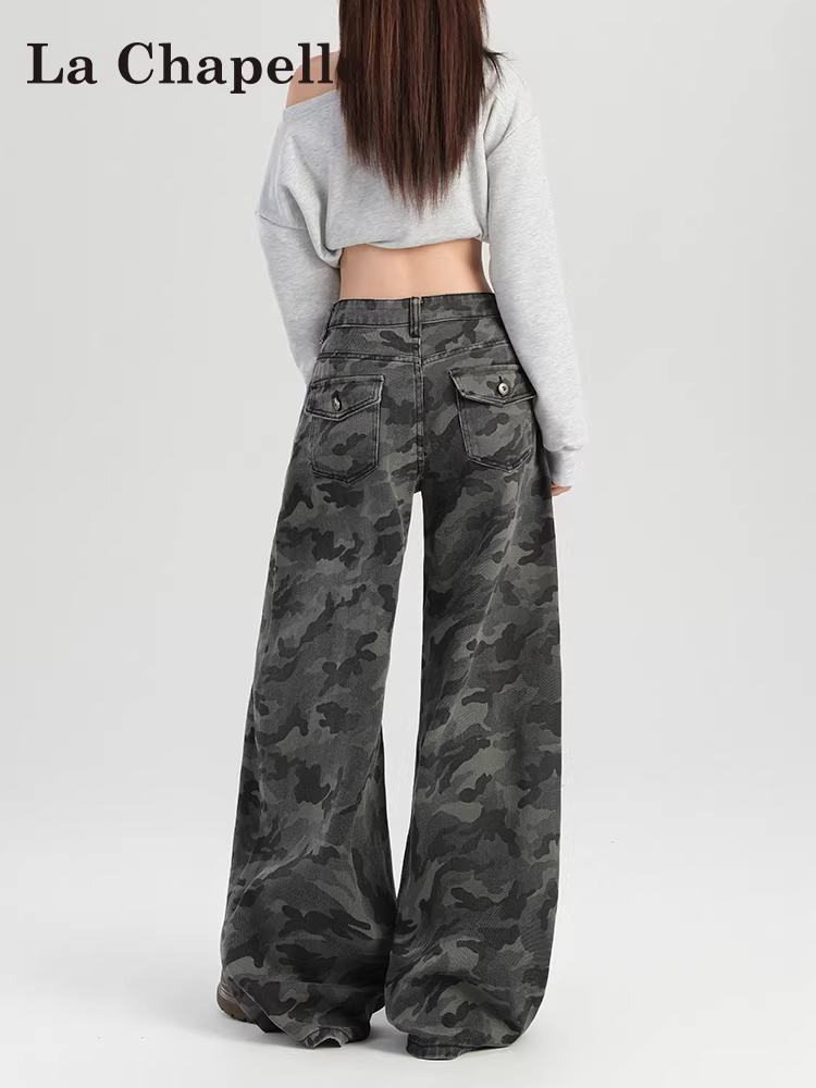 Quần jeans ống rộng màu xám ngụy trang La Chapelle dành cho nữ, mẫu mới thu đông 2025, quần cargo lót lông mềm mại, kiểu dáng nhỏ nhắn