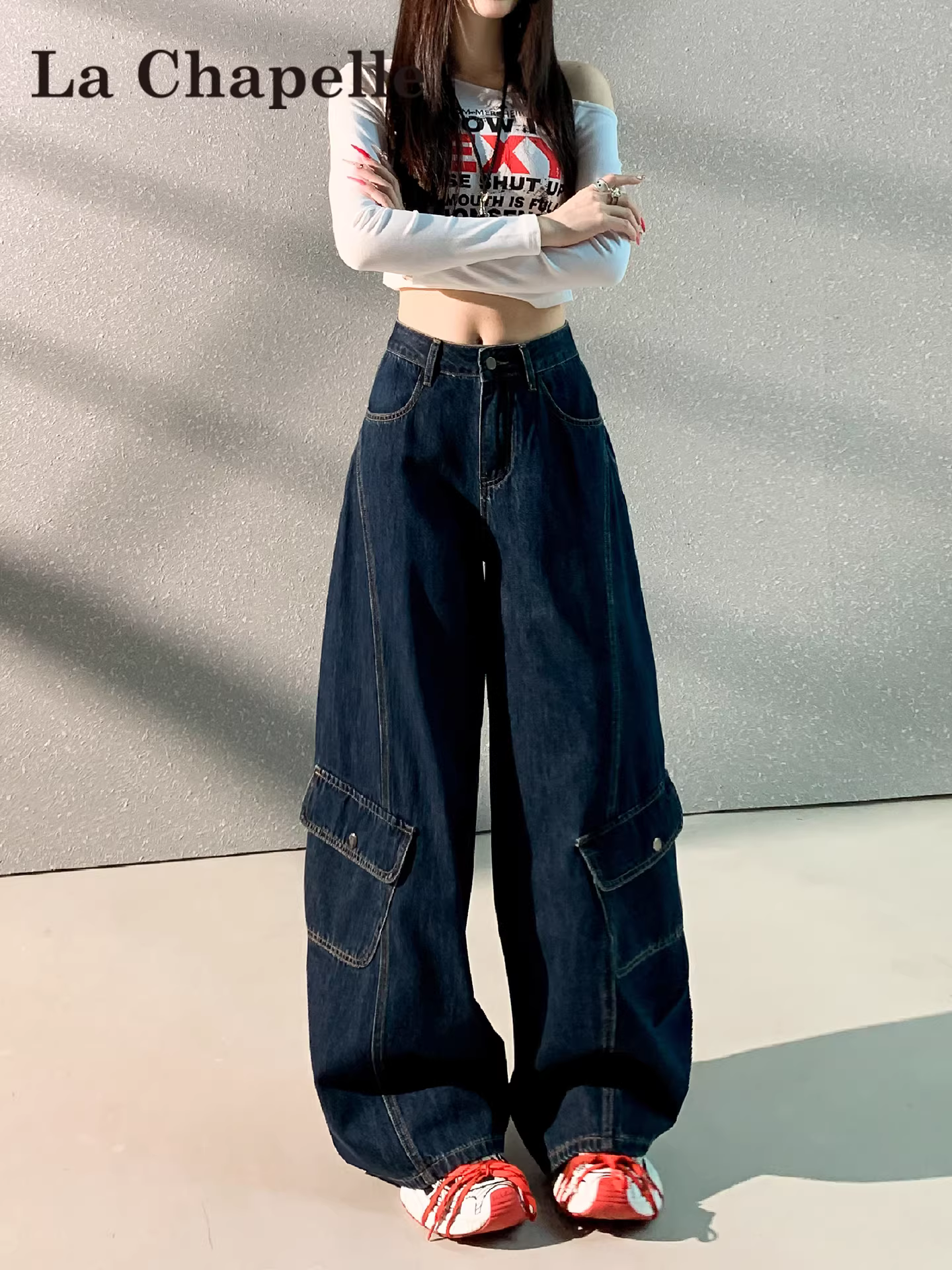 Quần cargo denim xanh đậm La Chapelle dành cho nữ, kiểu dáng mới mùa thu 2025, phong cách Mỹ, cạp cao, dáng rộng, ống rộng