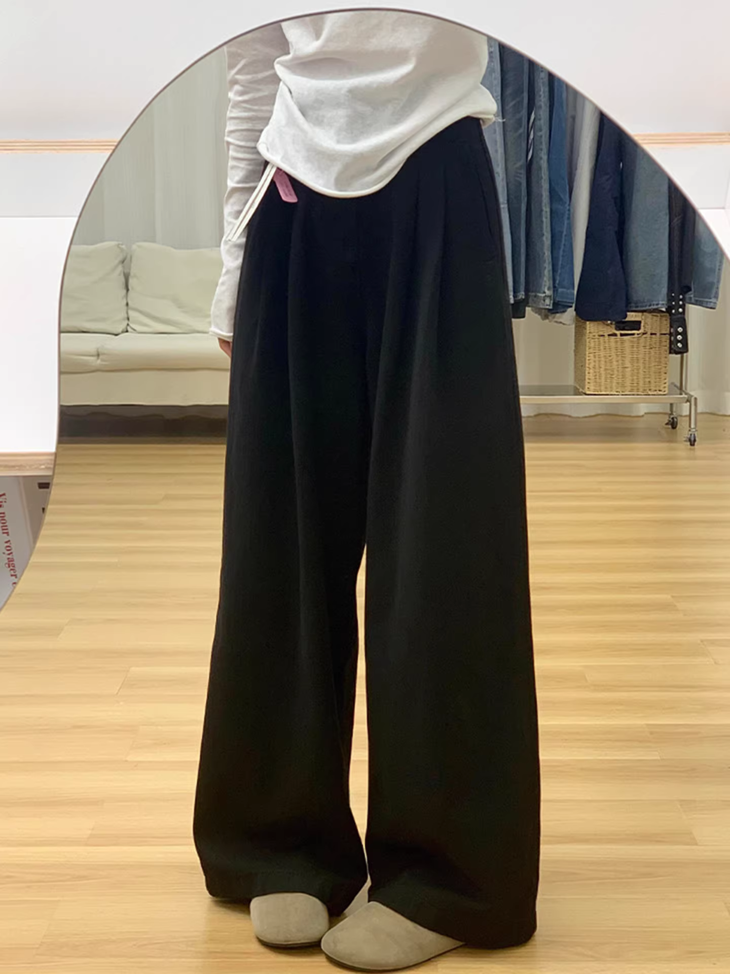 Quần jeans La Chapelle màu trắng, dáng rộng, dài chấm đất, dành cho nữ, mẫu mới thu đông 2025, cạp cao, dáng thẳng, dành cho người nhỏ nhắn