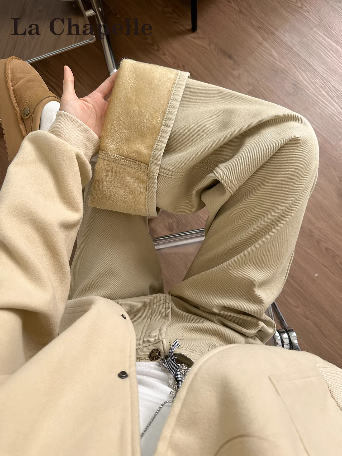 Quần jean nữ La Chapelle chất liệu kaki lót lông dày, dáng loe, kiểu mới thu đông 2025, size nhỏ, ống chuông