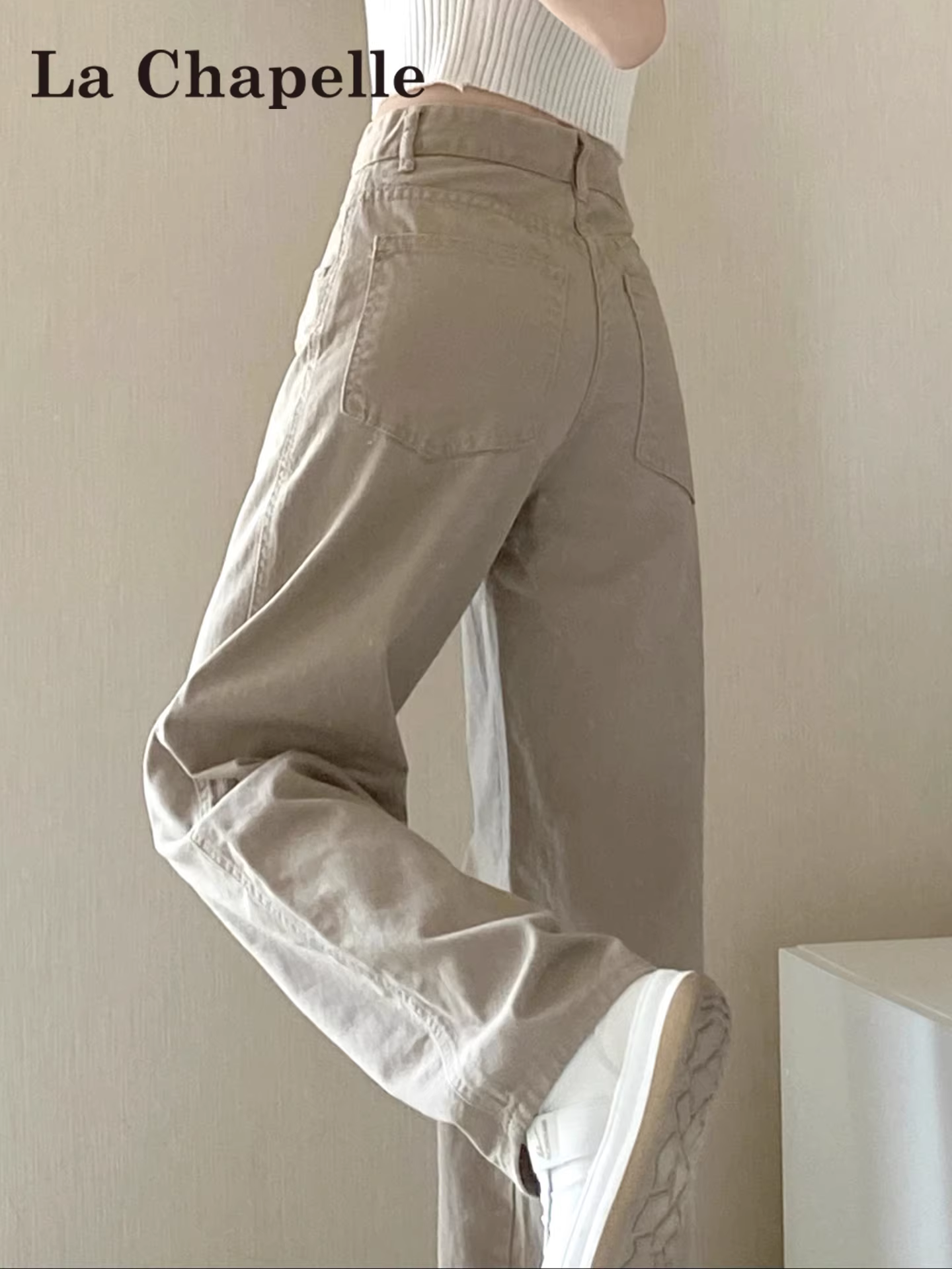 Quần jeans ống rộng màu kaki La Chapelle dành cho nữ, mẫu mới thu đông 2025, cạp cao, dáng thẳng, tôn dáng