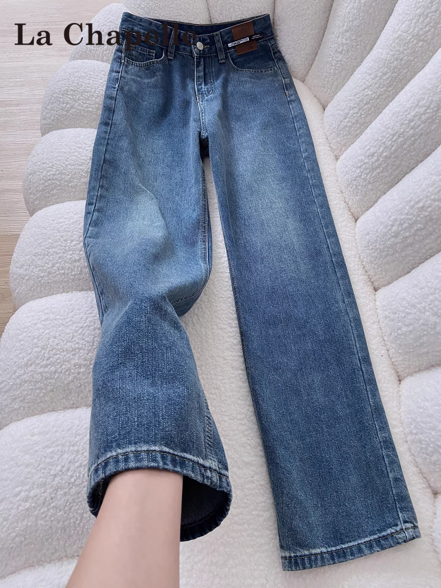 Quần jeans ống rộng La Chapelle kiểu vintage dành cho nữ, mùa thu đông 2025 kiểu mới, quần thẳng lưng cao lót lông mềm mại, dáng rộng