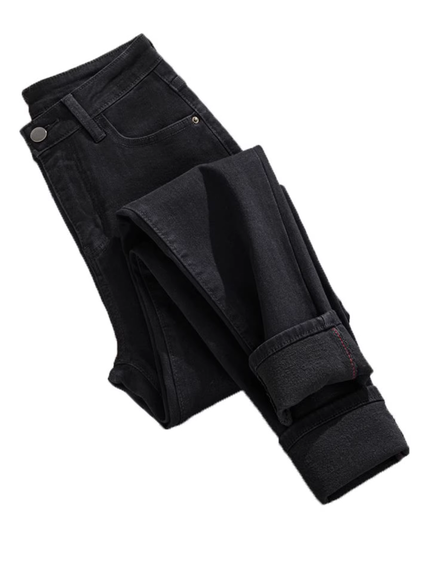 Quần jean nữ La Chapelle màu đen, lót lông cừu, kiểu ôm sát, cạp cao, dáng bút chì, mới thu đông 2025