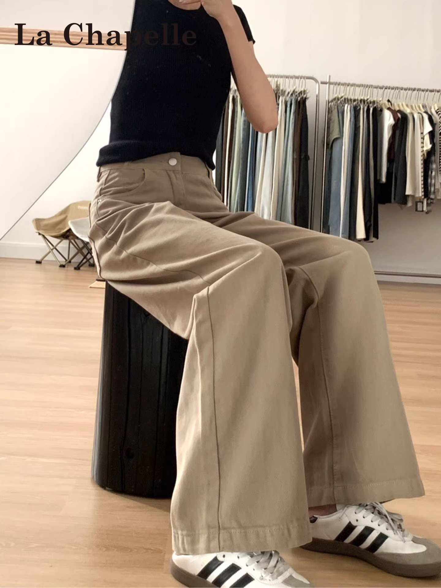 Quần jeans ống rộng màu kaki La Chapelle dành cho nữ, thu đông 2025, kiểu dáng mới, cạp cao, dáng suông, dành cho người nhỏ nhắn