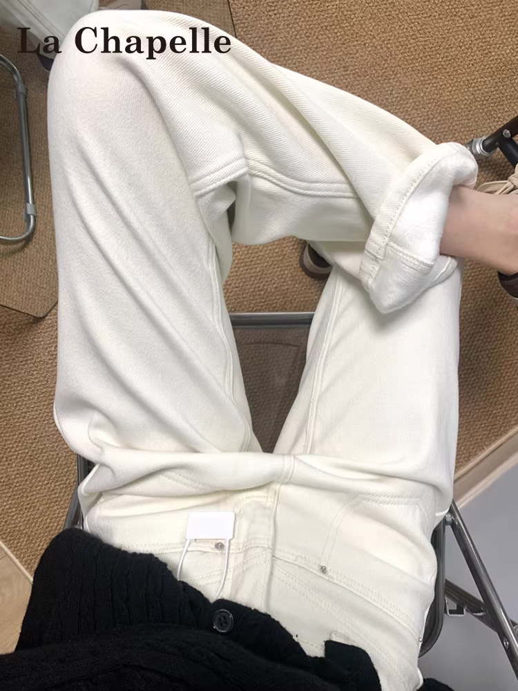 Quần jeans ống rộng lót lông trắng La Chapelle dành cho nữ, mùa thu đông 2025, kiểu dáng mới, cạp cao, dài chấm đất, dáng thẳng