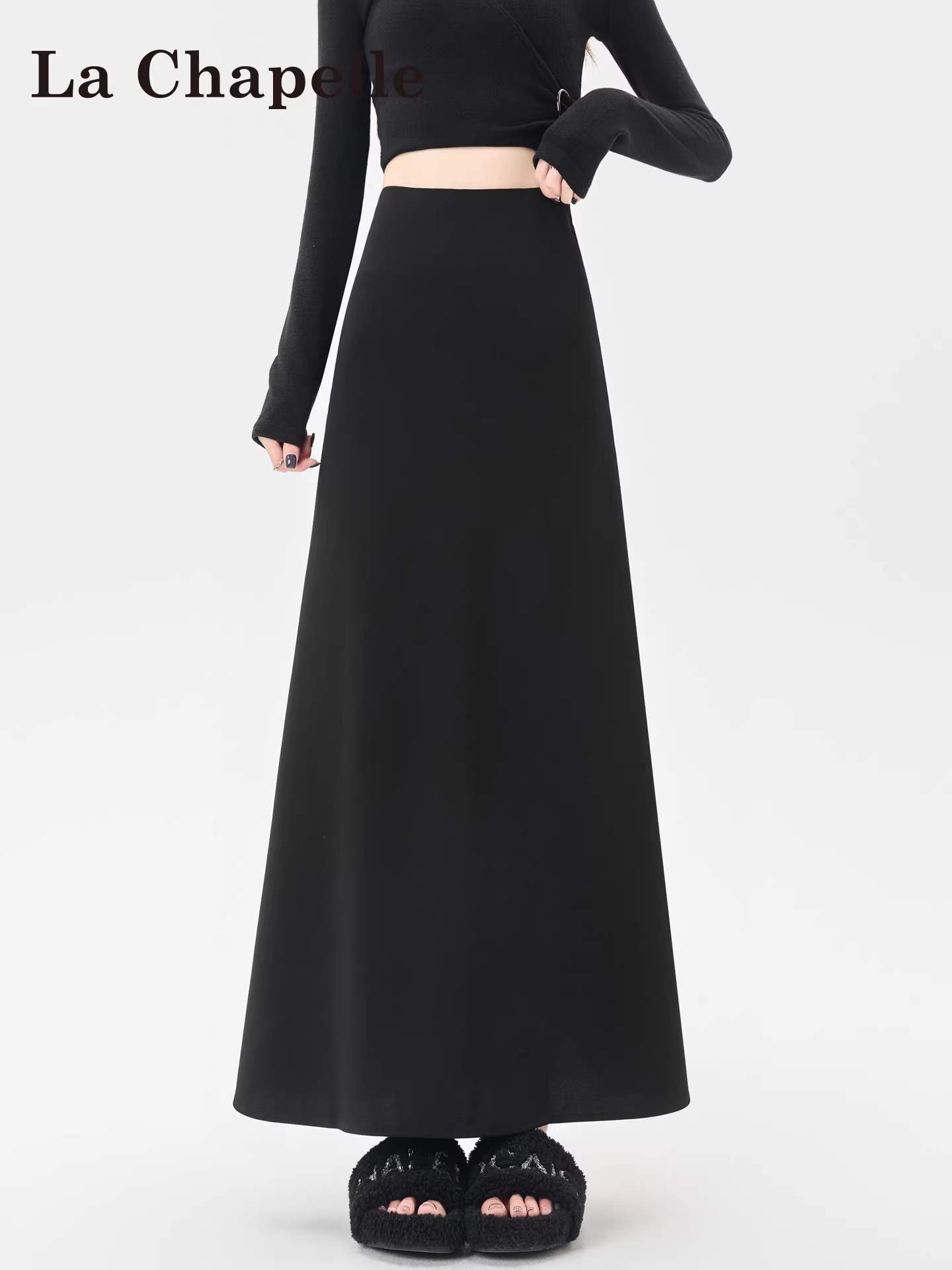Váy đen La Chapelle dành cho nữ, kiểu dáng ôm sát, dáng chữ A, dài qua gối, cạp cao, tôn dáng, mới thu đông 2025