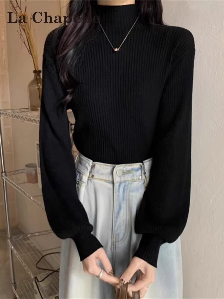 Áo len cổ lọ nửa cao màu đen La Chapelle dành cho nữ, mẫu mới thu đông 2025, kiểu dáng rộng, mặc lót bên trong