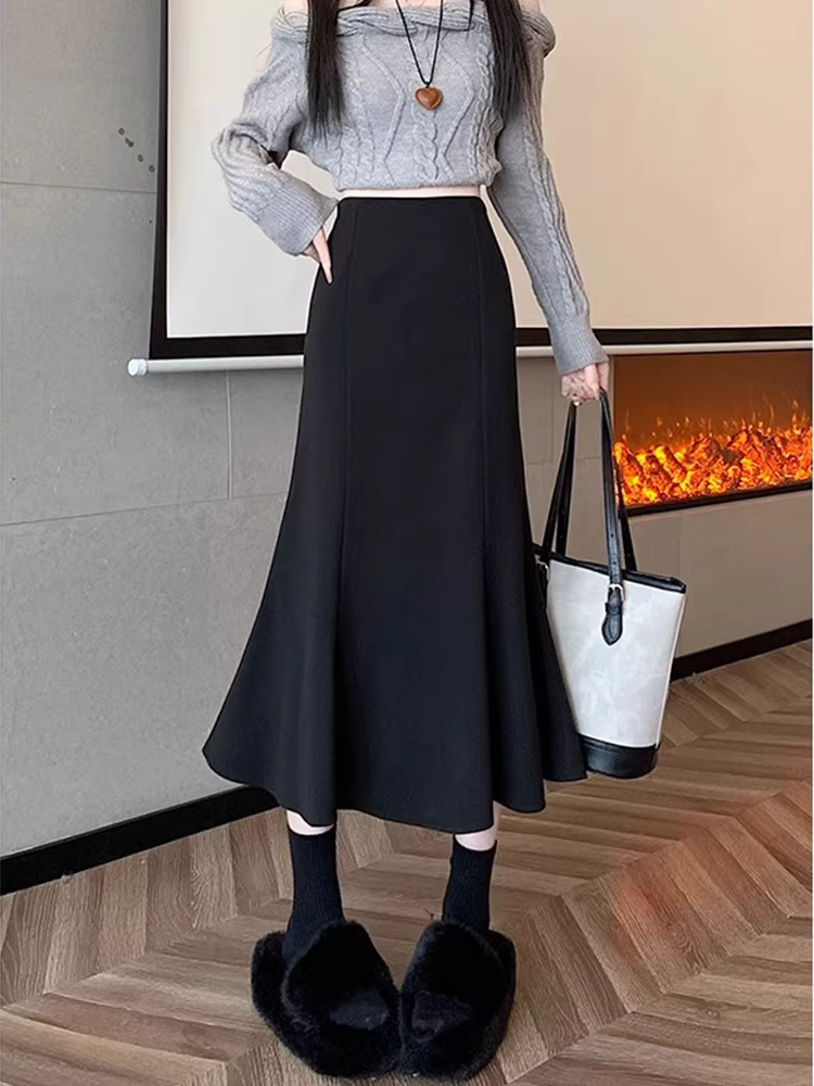 Váy len dáng dài trung bình La Chapelle dành cho nữ, mẫu mới thu đông 2025, cạp cao, dáng chữ A, đuôi cá, size nhỏ nhắn