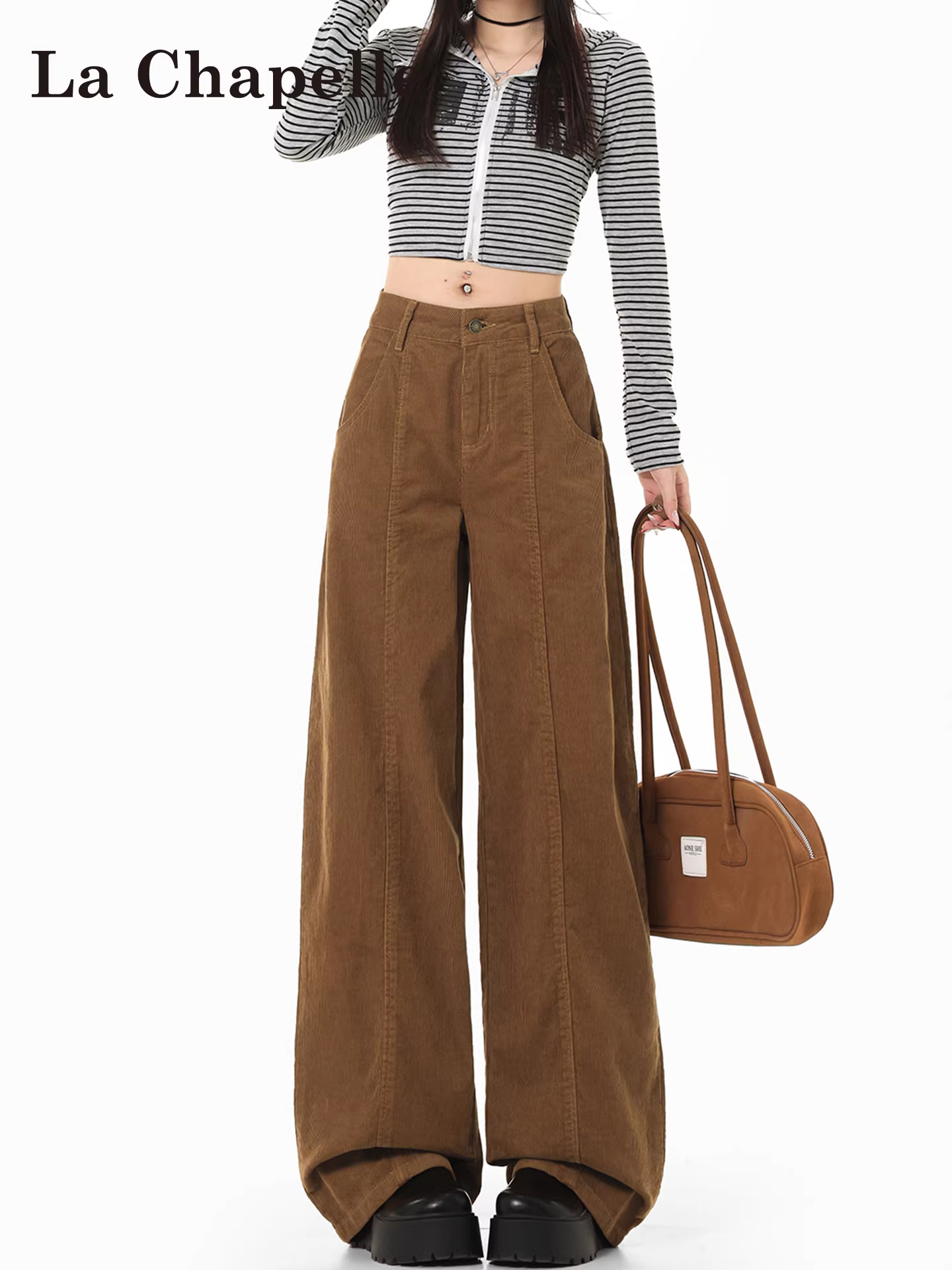 Quần âu ống rộng chất liệu corduroy La Chapelle dành cho nữ, mẫu mới thu đông 2025, dáng nhỏ nhắn, cạp cao, suông rộng.