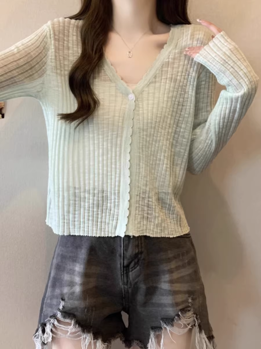 Áo cardigan len màu xám La Chapelle chống nắng cho nữ, mẫu mới hè 2025, chất liệu lụa đá mỏng, kiểu dáng rộng rãi