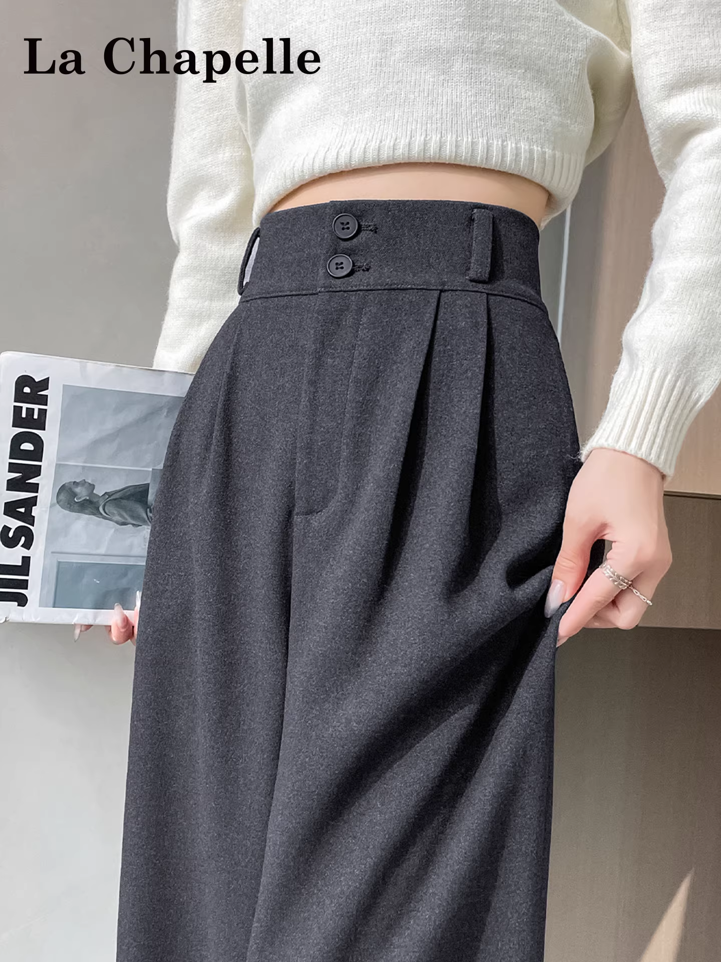 Quần ống rộng dày dặn lót lông cừu màu xám La Chapelle dành cho nữ, mẫu mới thu đông 2025, cạp cao, kiểu dáng thẳng, phong cách thường ngày
