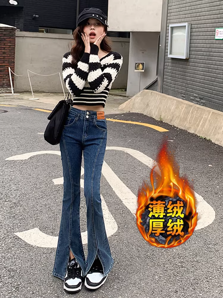 Quần jeans ống loe lót lông cừu La Chapelle dành cho nữ, mẫu mới thu đông 2025, cạp cao, dáng nhỏ nhắn