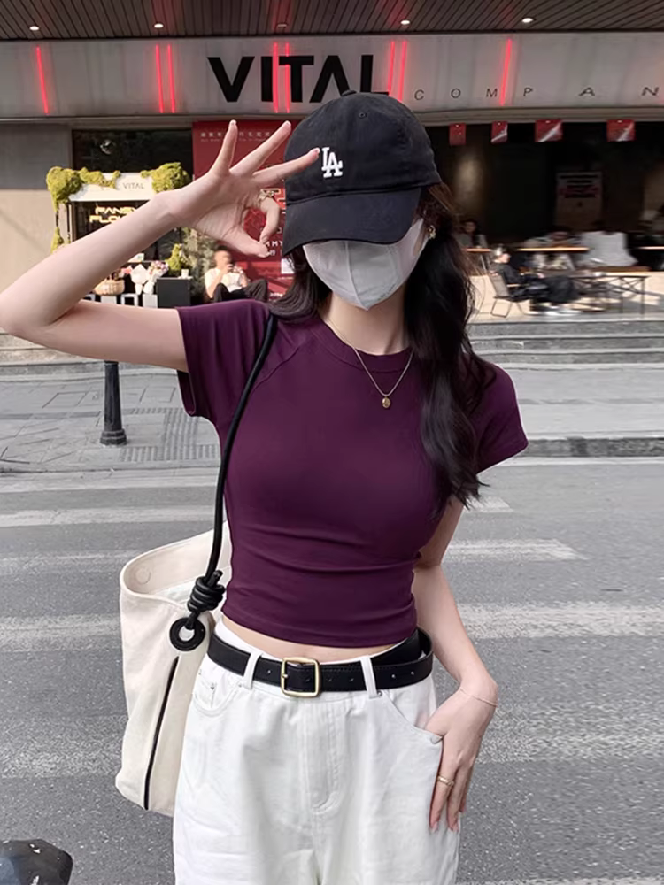 Áo thun trắng tay ngắn La Chapelle dành cho nữ, áo crop top ôm dáng mới mùa hè 2025, áo gợi cảm